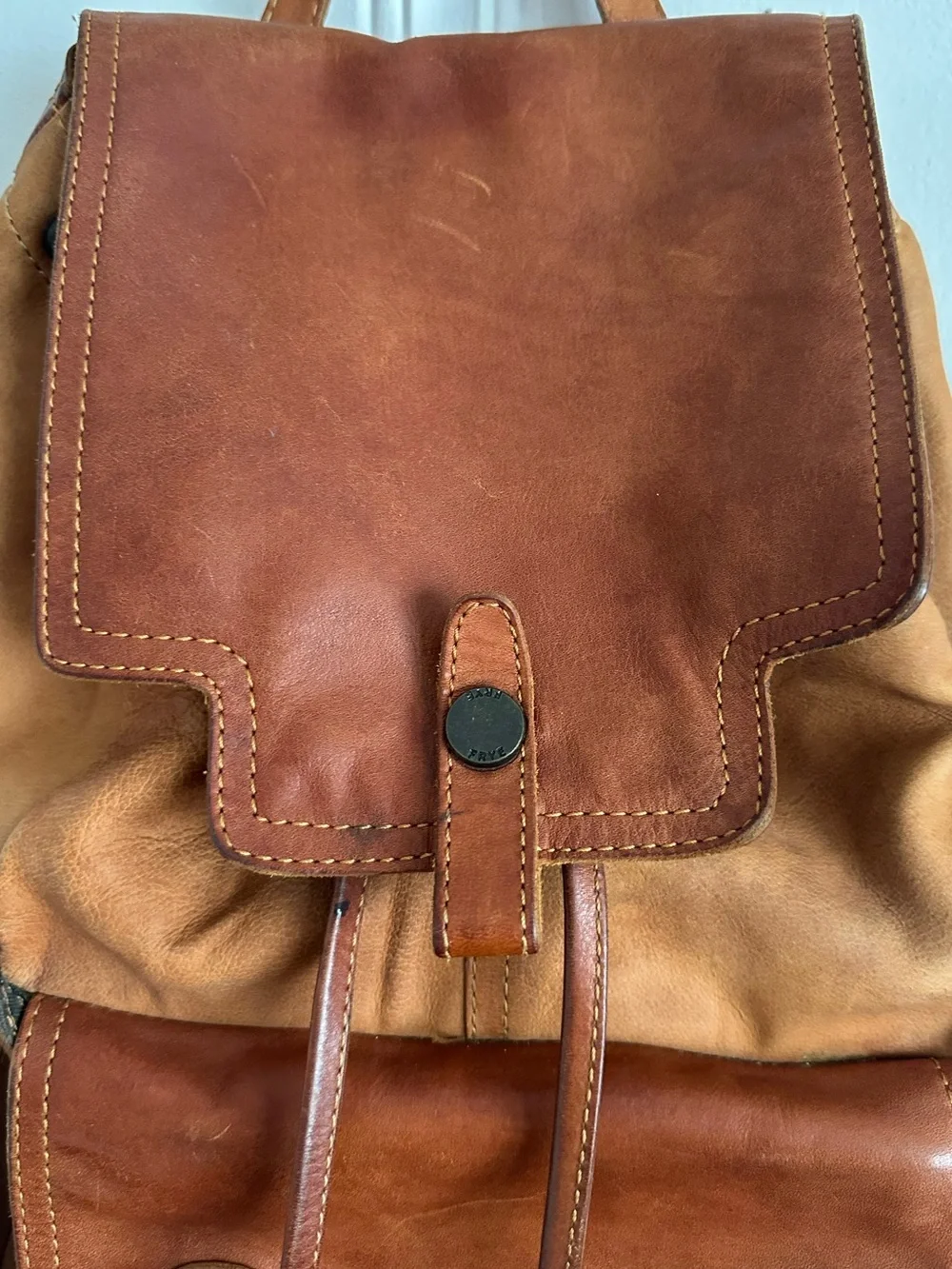 Frye Tracy Two Tone Washed Leather Studded Backpack Cognac Tan
